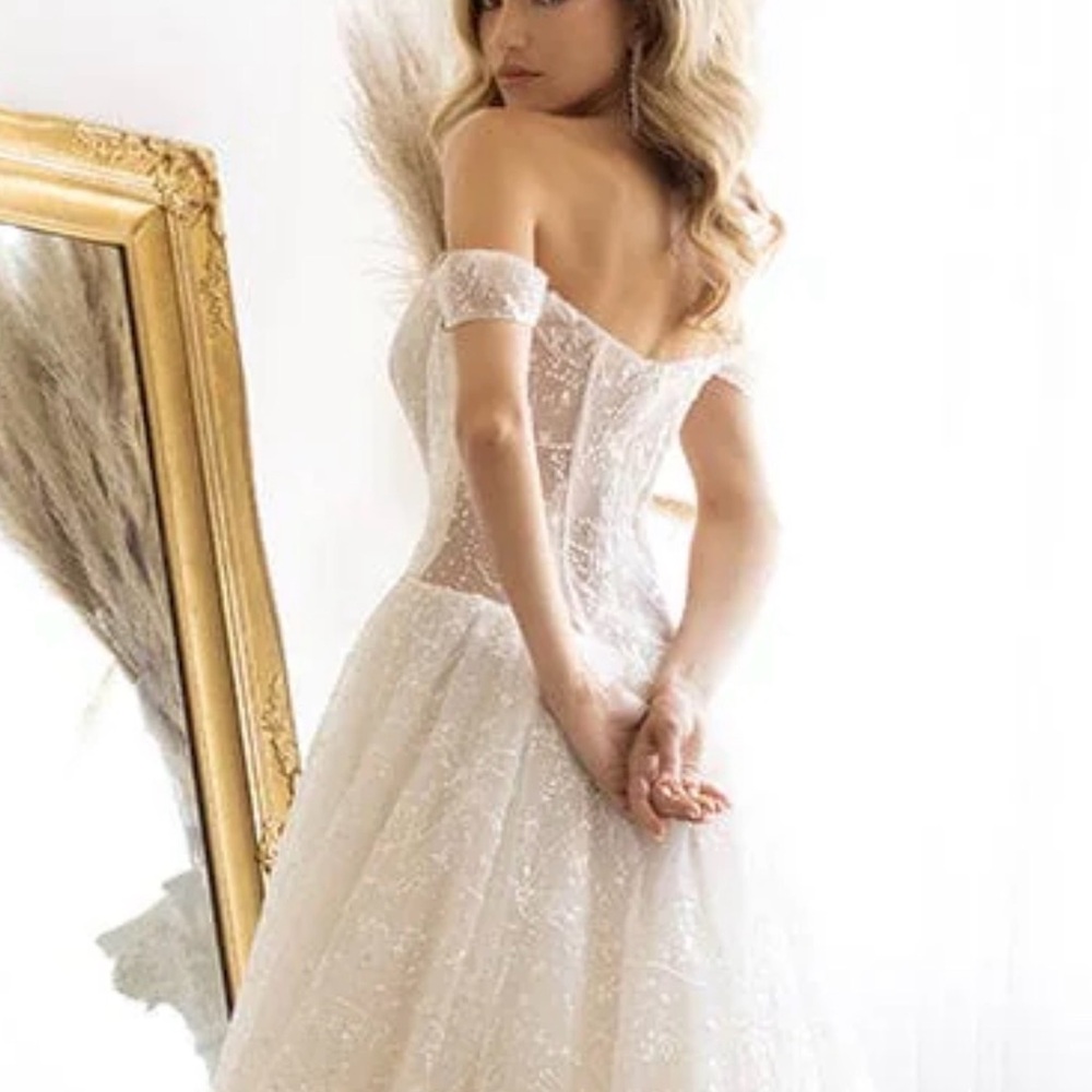 Off-Shoulder Ivory Sparkle Embellished Bridal Gown by Abby Lane Size 4 Gorgeous! - Picture 4 of 12